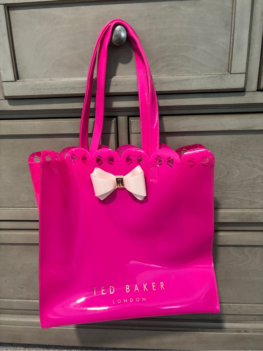 Ted Baker Hot Pink Patent Tote with Cream Bow